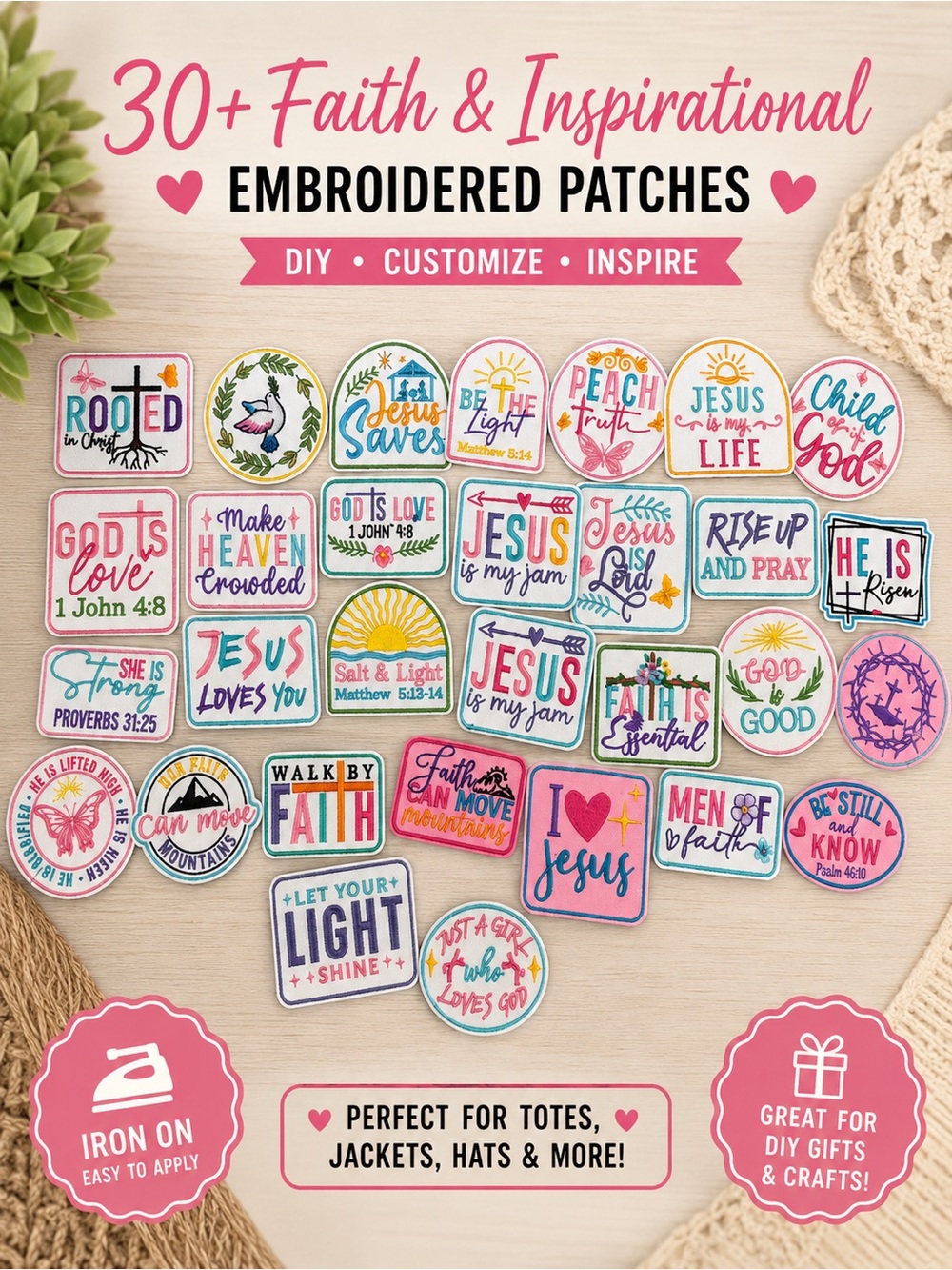 Embroidered Faith & Inspirational Patches - Pink Assorted Pack
